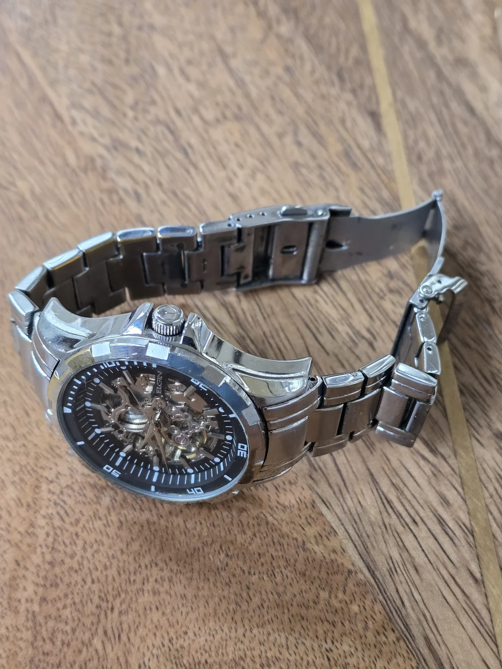 Skeleton Dial Stainless Steel Men's Watch - Silver/Gold FG8030 Elgin Automatic W